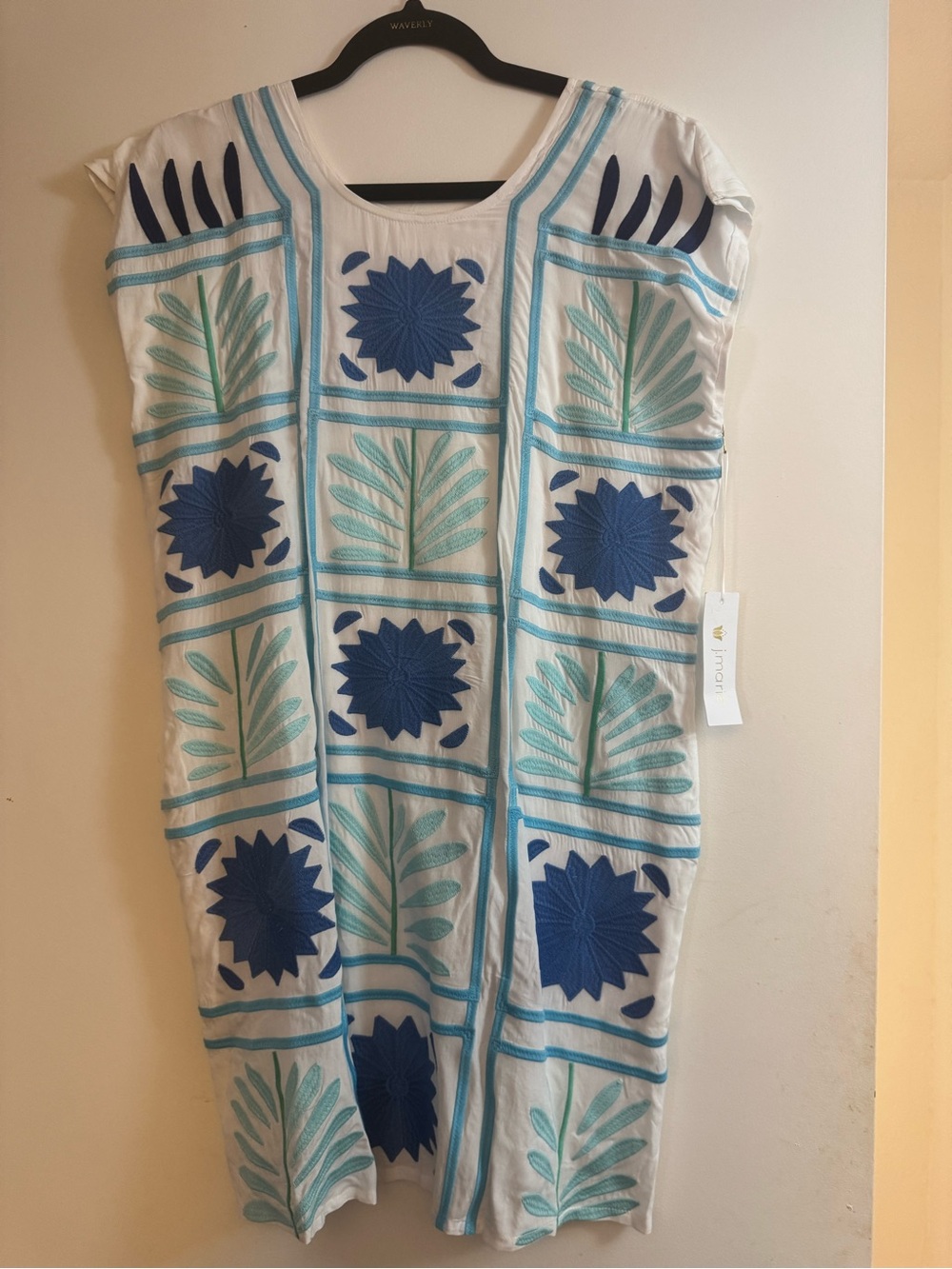 J. Marie New With Tags Embroidered White Dress with Blue & Aqua Floral Pattern